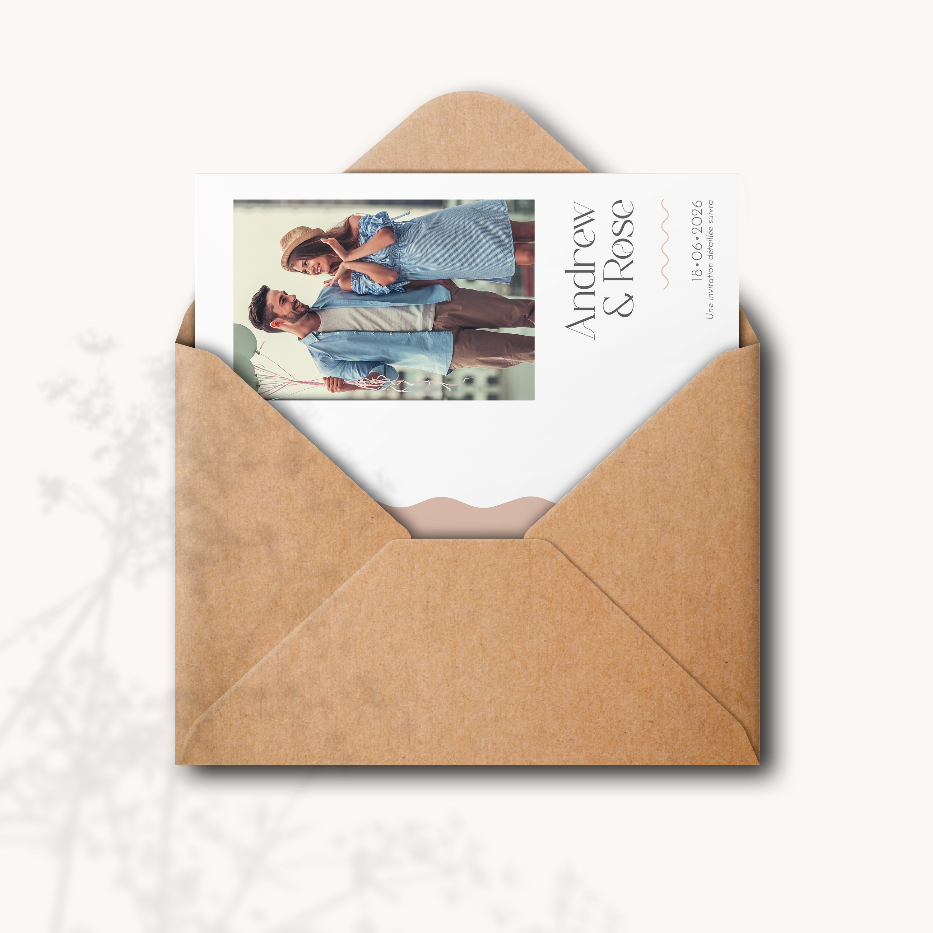 Wavy Save The Date - This invitation highlights balance: expressive yet measured dominant hue, sober margins, and clear typography. Our creators envisioned premium design privileging flow and coherence. Share your text; we integrate it precisely, harmonize the palette, and add a discreet logo if desired. Exclusively digital, it reaches your guests instantly. Every element—proportion, contrast, rhythm—was studied for elegant reading. A sober, modern, refined correspondence.