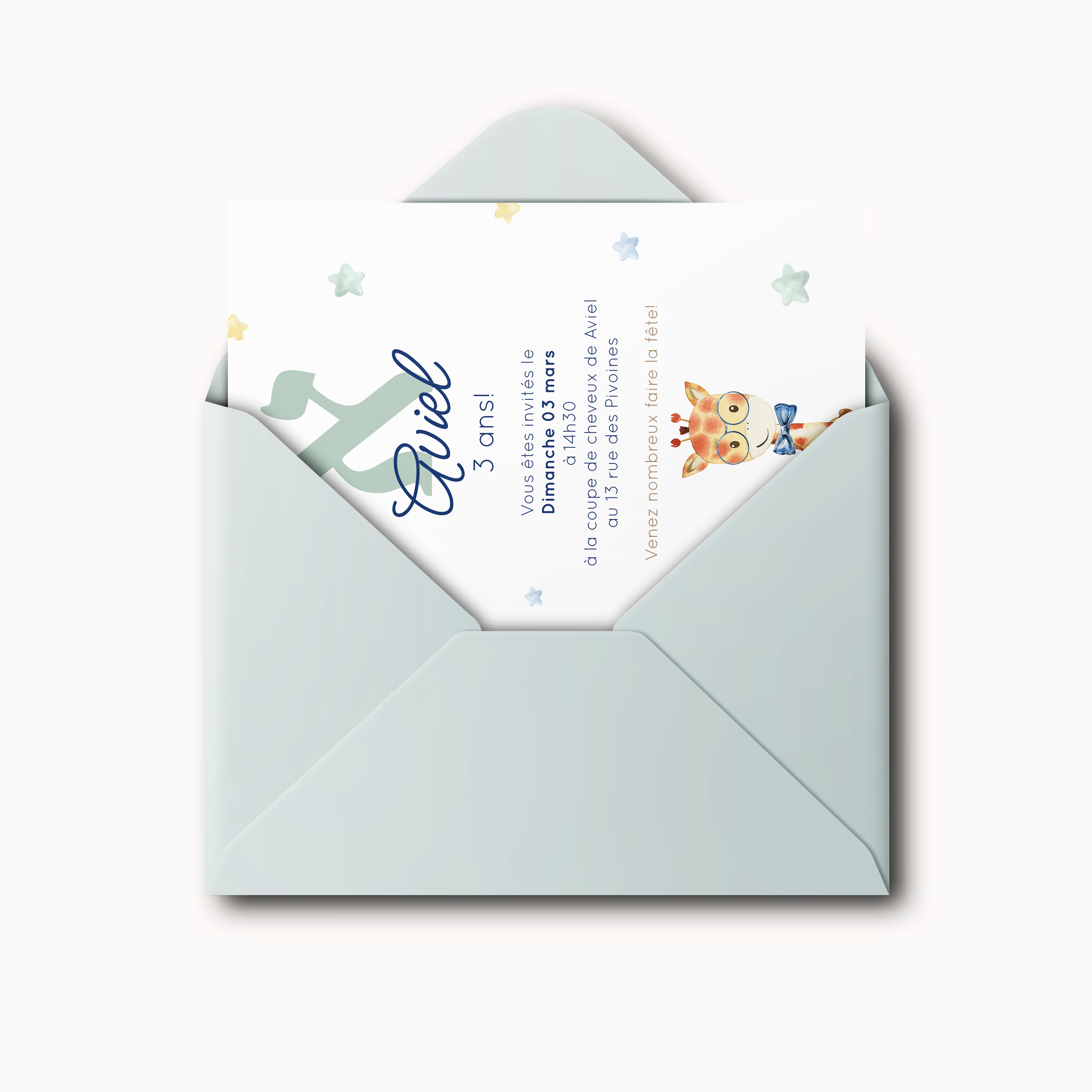Cute Girafa - This invitation highlights graphic rigor: confident dominant hue, regular grid, and crisp typography. Our creators wanted premium aesthetics, stable and elegant. You share your text; we integrate it accurately, tune tones, and add a discreet logo. Delivered only in digital format, it reaches your guests instantly. Balanced proportions, clear hierarchy, and measured contrasts ensure smooth reading. A modern, lasting correspondence that prioritizes essentials.
