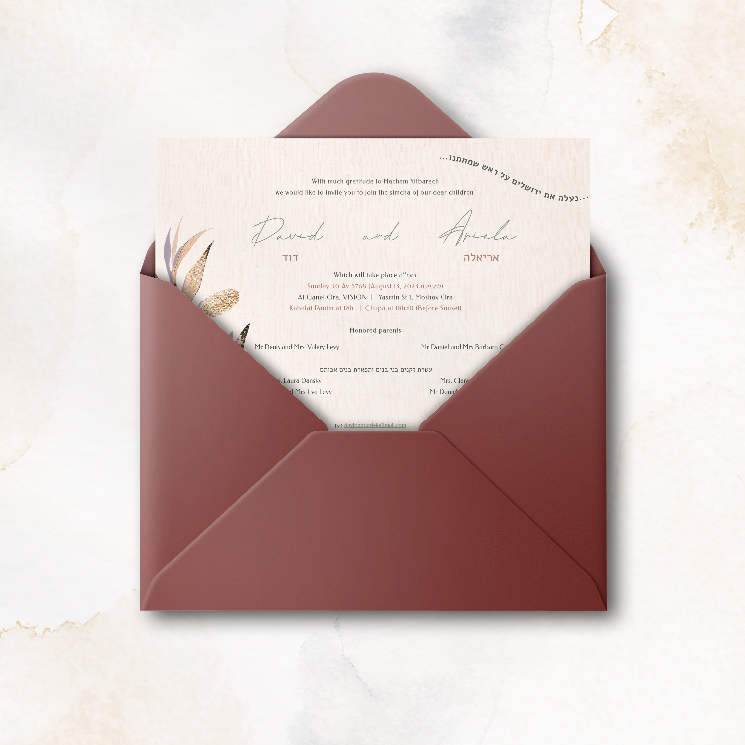 Olive Gold Leaf - The drawing values luminous simplicity: clear dominant hue, balanced margins, and crisp typography. Our creators designed a premium invitation that highlights clarity and accuracy. We deliver personalization: you send us the text; we integrate it, adjust the palette, and add a discreet logo. Fully digital, it reaches your guests instantly. Every choice—proportions, contrasts, alignments—was designed to ensure flow and elegance. A contemporary, sober, reliable correspondence.