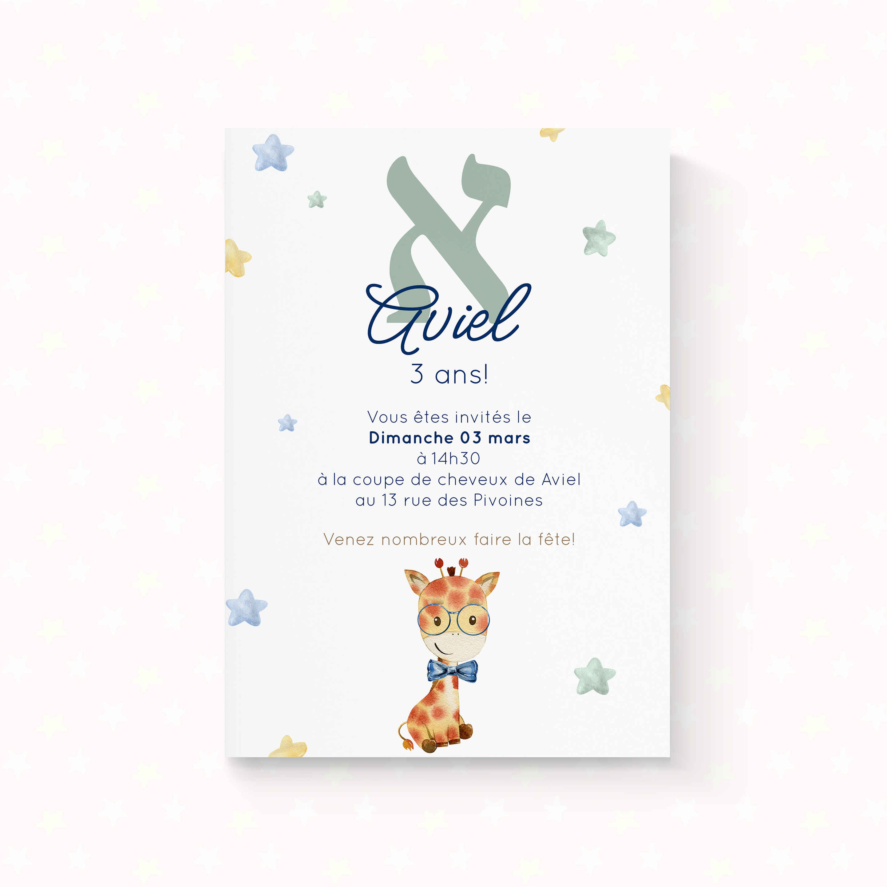Cute Girafa - This invitation highlights graphic rigor: confident dominant hue, regular grid, and crisp typography. Our creators wanted premium aesthetics, stable and elegant. You share your text; we integrate it accurately, tune tones, and add a discreet logo. Delivered only in digital format, it reaches your guests instantly. Balanced proportions, clear hierarchy, and measured contrasts ensure smooth reading. A modern, lasting correspondence that prioritizes essentials.