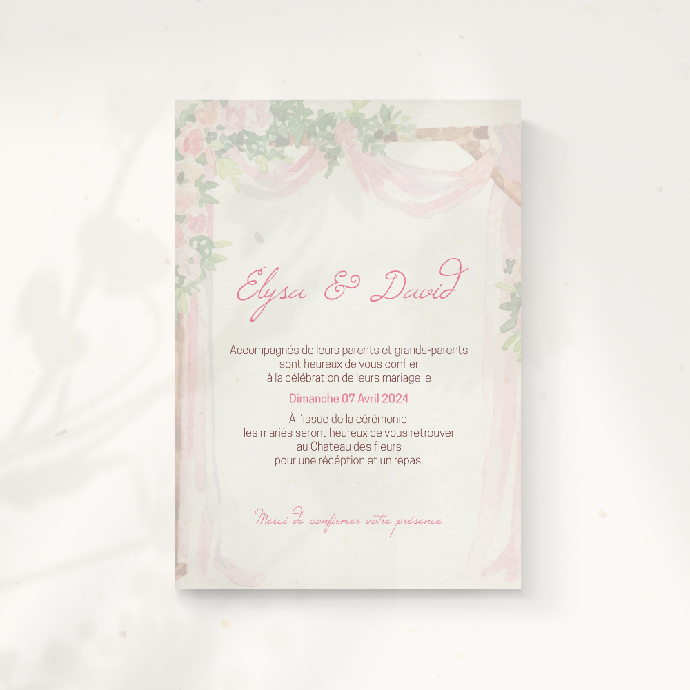 Mariage Champêtre - הדגם מצהיר על מודרניות פשוטה גוון דומיננטי ברור שוליים מאוזנים וטיפוגרפיה חדה. בעיצוב המאיירים שלנו ההזמנה מעדיפה איזון ובהירות. אנו מבצעים התאמה מלאה טקסט משולב בדיוק איזון גוונים ולוגו עדין. בדיגיטל בלבד היא מגיעה מיד לנמענים. כל פרט קצב פרופורציות וניגודים תורם לזרימה מתמשכת. התכתבות פרימיום אמינה ואלגנטית.