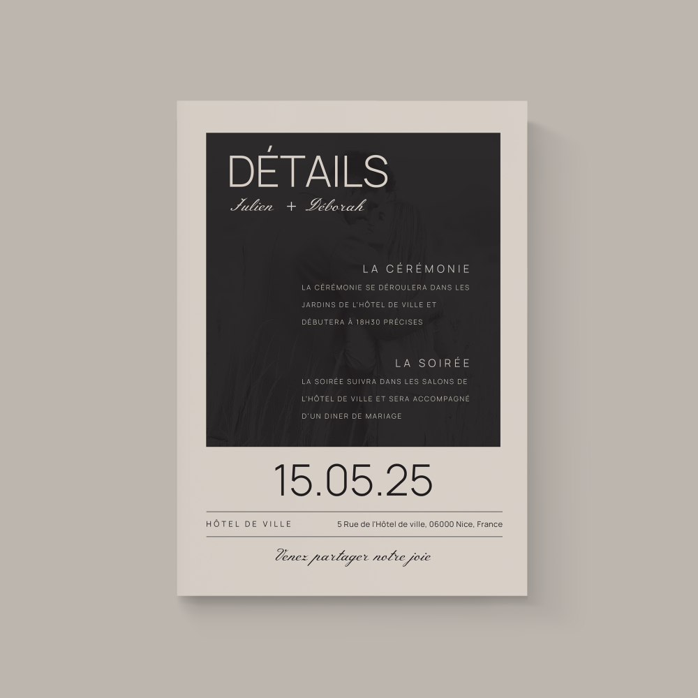 Rustique élégant - This invitation highlights modernity through simplicity: a dominant color as a clear accent, just proportions, and precise typography. The whole creates an elegant, measured atmosphere, ideal for your announcements. Crafted by our illustrators, it emphasizes essentials: readability and graphic sobriety. You entrust us with your text; we set it precisely, harmonize tones, and add a discreet logo if needed. Delivered exclusively digitally, it reaches your guests instantly. Its strength lies in the subtle balance between graphic detail and aesthetic restraint. A premium, timeless, refined correspondence.