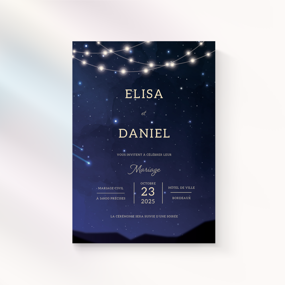 Nuit étoilée - Here, modernity speaks through simplicity: a dominant color as a right note, firm lines, and an even visual rhythm. The whole centers your words and strengthens their reach. Designed by our illustrators, the invitation adopts a clear, lasting graphic signature. We handle end-to-end personalization: text integration, tone tuning, and an optional discreet logo. Fully digital, it reaches recipients without delay and is easy to share. Every detail is weighed to preserve readability and elegance. A bespoke, poised, contemporary creation to announce with assurance and delicacy.