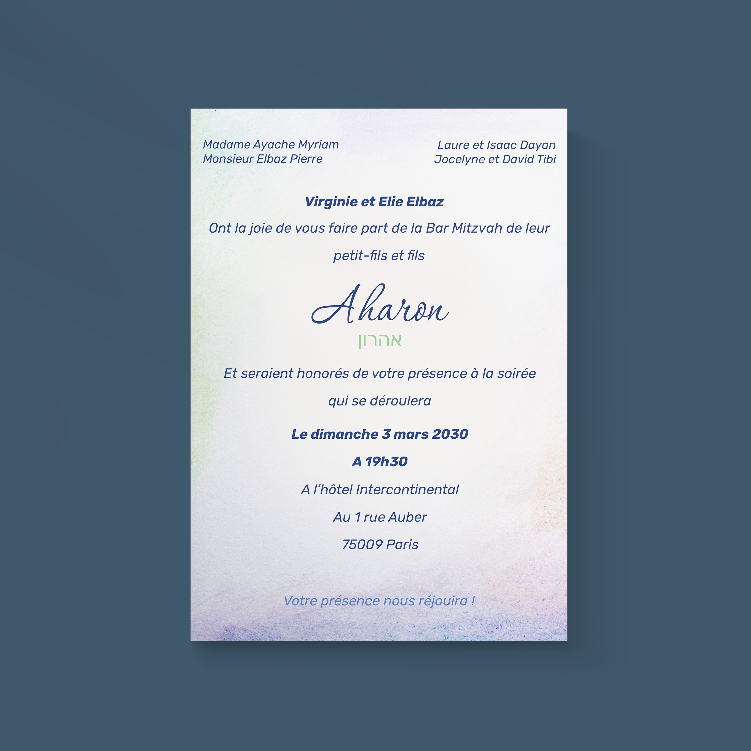 Aquarelle BM - Cette invitation affirme une élégance maîtrisée : dominante chromatique douce, marges sobres, typographie posée. Nos créateurs ont voulu une esthétique premium qui associe rigueur et délicatesse. Vous nous transmettez le texte ; nous l’intégrons avec précision, harmonisons la palette et ajoutons un logo discret. Entièrement digitale, elle parvient immédiatement à vos invités. Chaque paramètre – proportions, contrastes, alignements – a été réglé pour préserver fluidité et justesse. Une correspondance contemporaine, fiable et élégante.